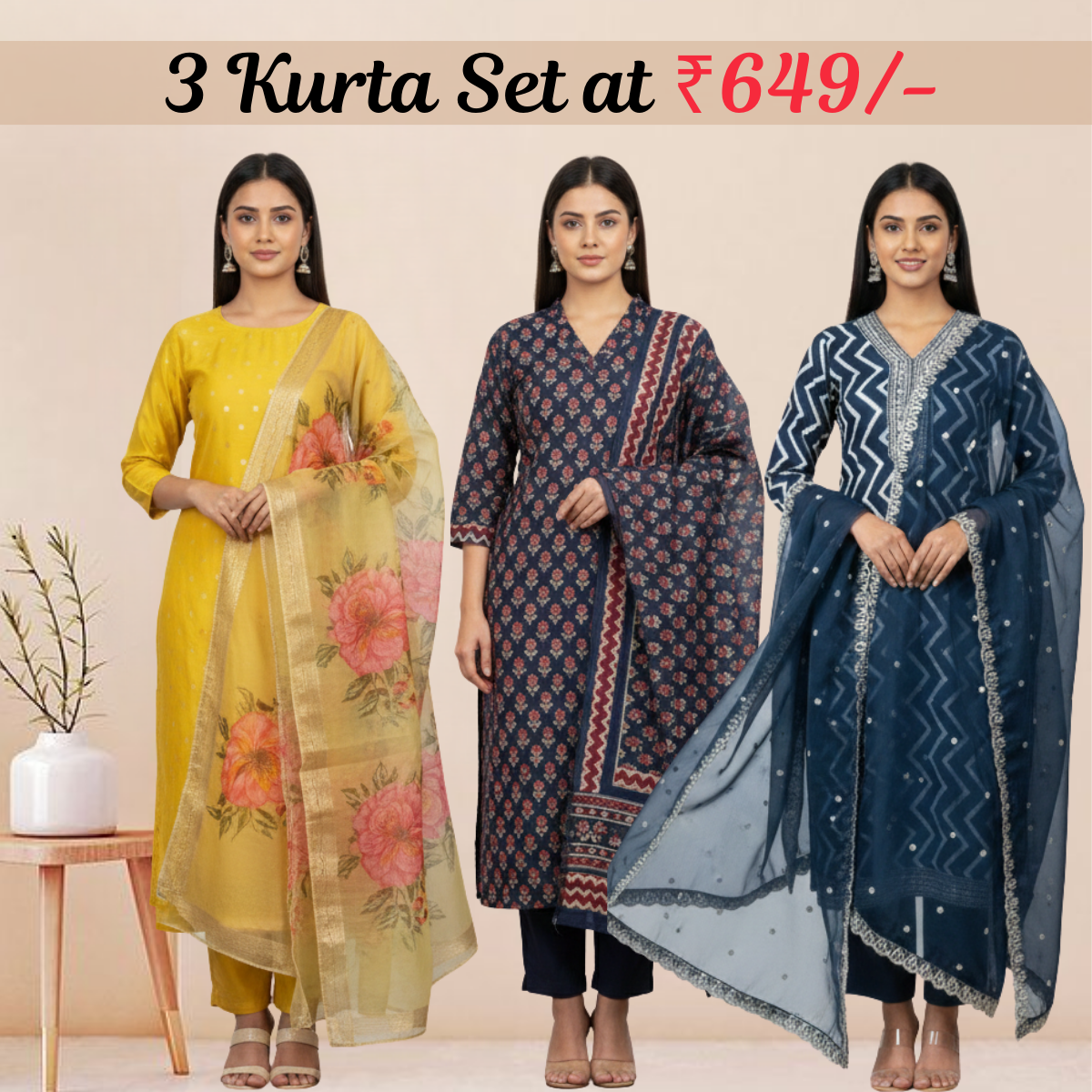 Women's Pack of 3 Pure Cotton Kurtis with Pant & Dupatta | C-06