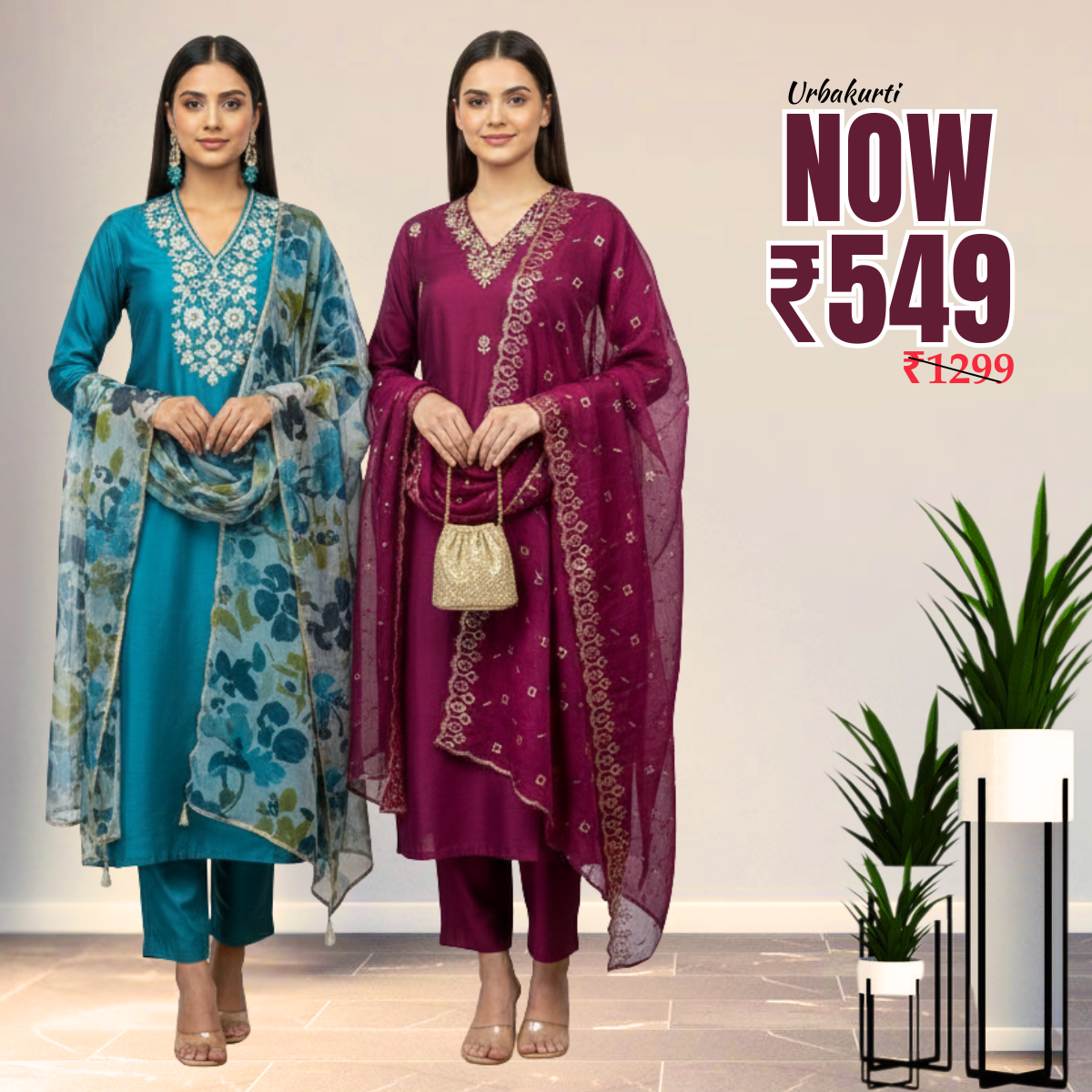 Pack of 2 Premium Cotton Kurtis with Pant & Dupatta – Casual Ethnic | C-07