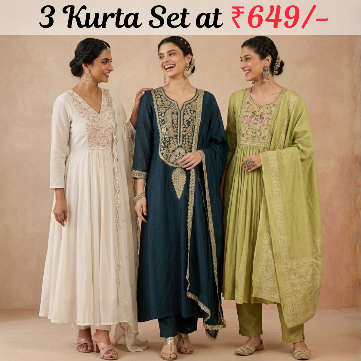 Pack Of 3 Kurta Set with Dupatta (KS-8)
