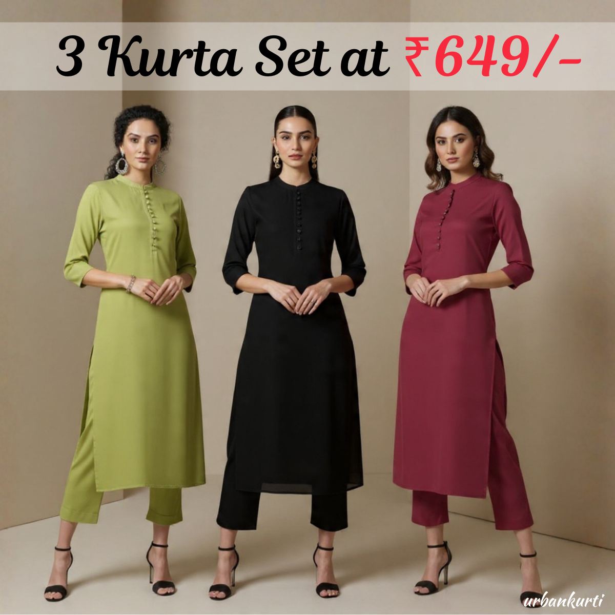 Women's Pack of 3 Pure Cotton Kurtas Pant Set without Dupatta |C-021