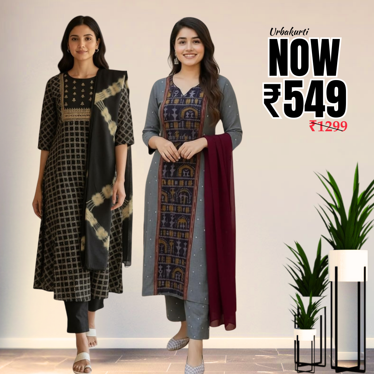Pack of 2 Premium Cotton Kurtis with Pant & Dupatta – Casual Ethnic| C-17