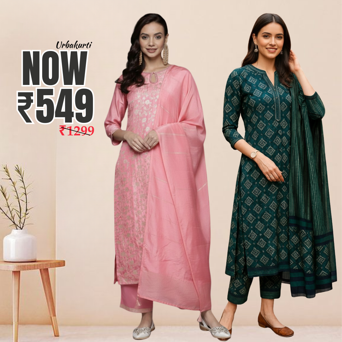 Pack of 2 Premium Cotton Kurtis with Pant & Dupatta – Casual Ethnic | C-08