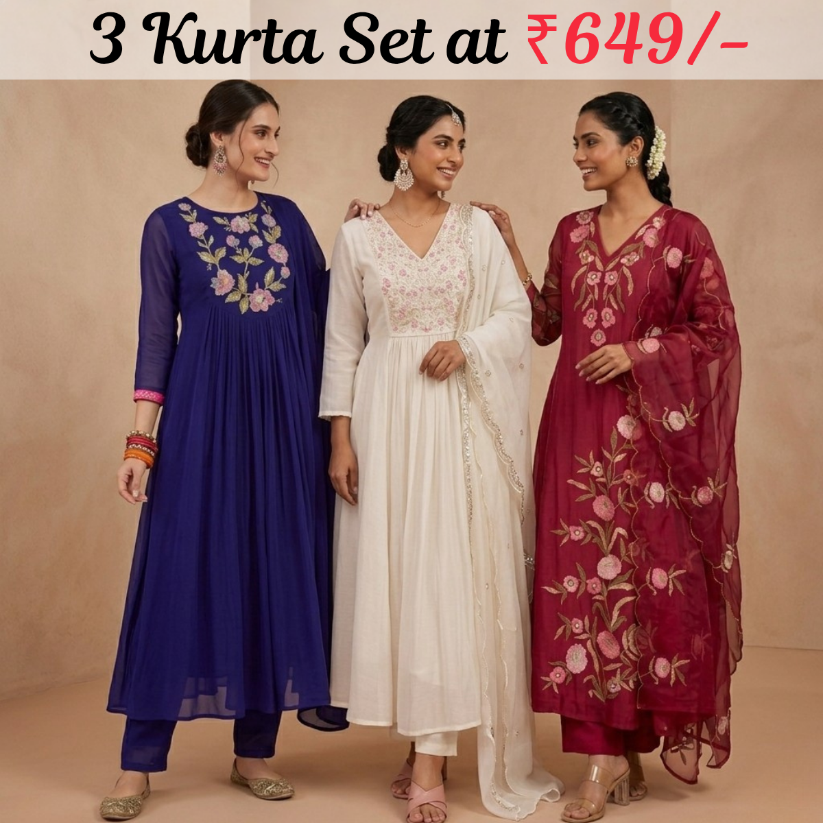 Pack Of 3 Kurta Set with Dupatta (KS-9)