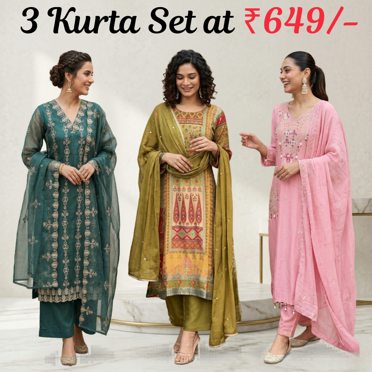 Women's Pack of 3 Pure Cotton Kurtas Pant Set & Dupatta |C-028
