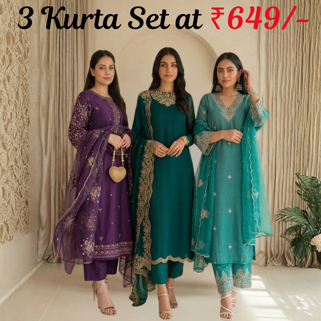 Women's Pack of 3 Pure Cotton Kurtas Pant Set & Dupatta |C-029