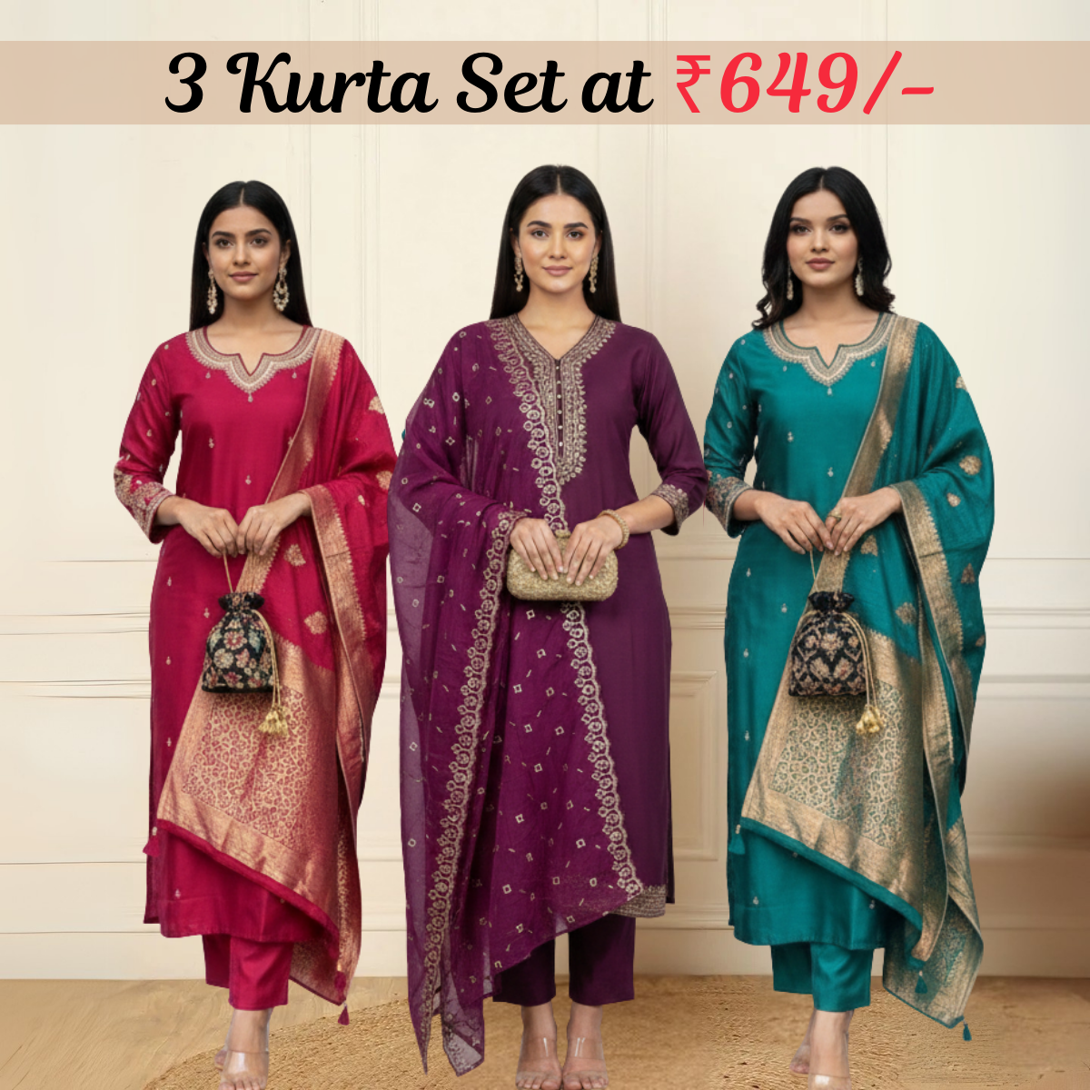 Women's Pack of 3 Pure Cotton Kurtis with Pant & Dupatta | C-08