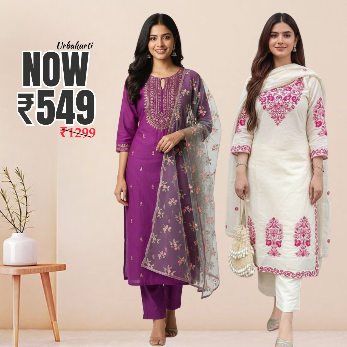 Pack of 2 Premium Cotton Kurtis with Pant & Dupatta – Casual Ethnic | C-09