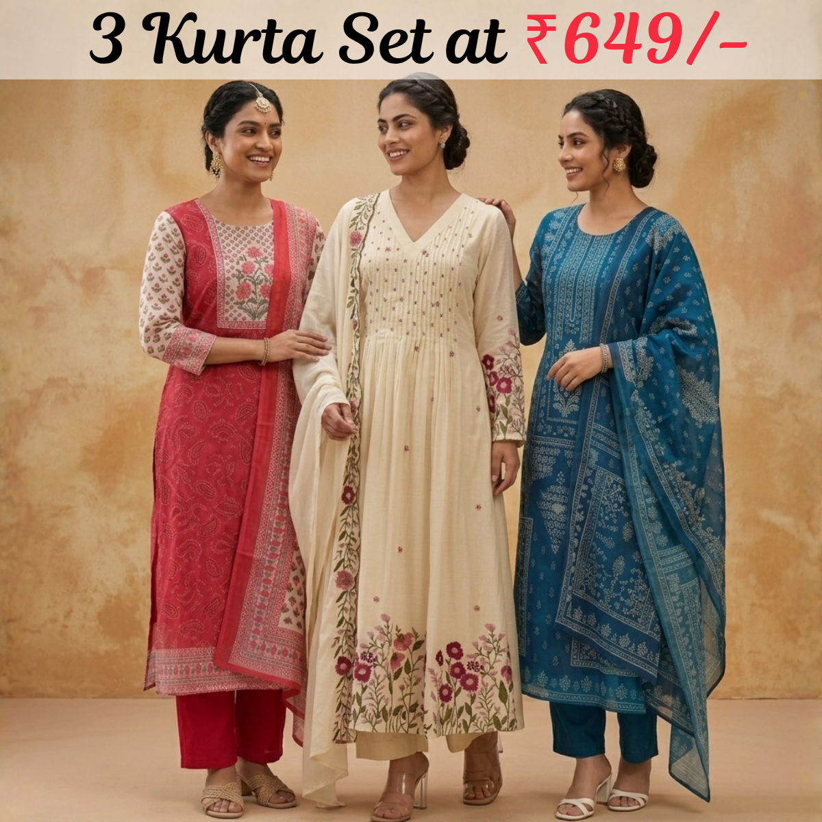 Pack Of 3 Kurta Set with Dupatta (KS-10)