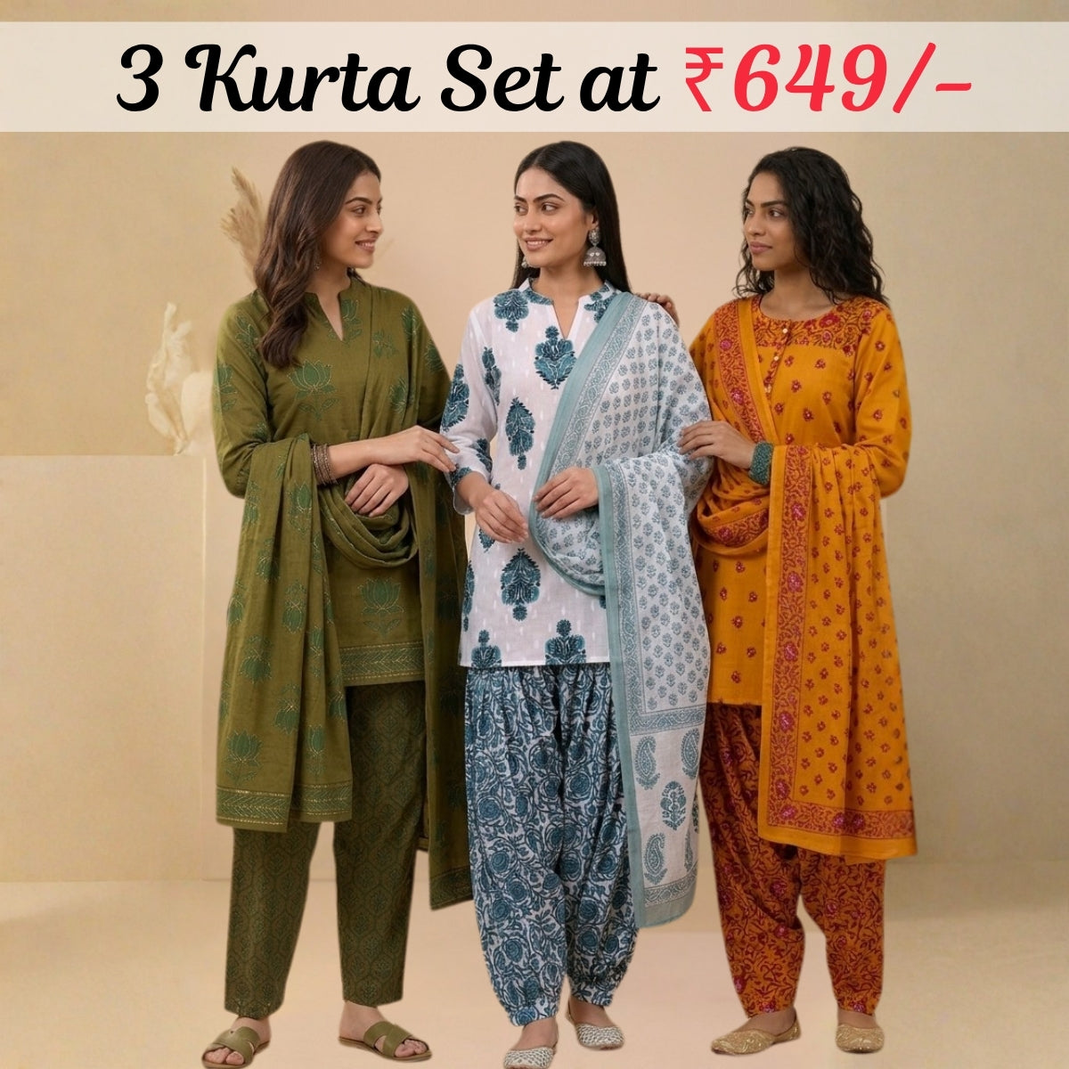 Pack Of 3 Farshi Salwar Kurta Set With Dupatta ( CKD_05)