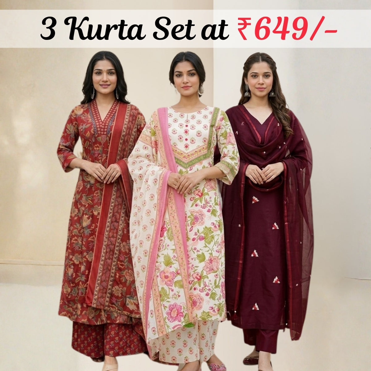 Pack Of 3 Kurta Summer Collection Set (CKS_02)
