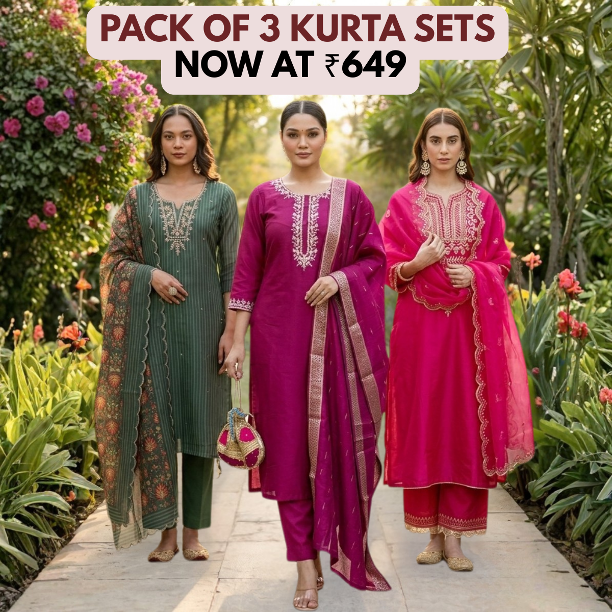 Women's Pack of 3 Pure Cotton Kurtas Pant Set & Dupatta |C-023