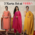 Women's Pack of 3 Pure Cotton Kurtis with Pant & Dupatta |C-019